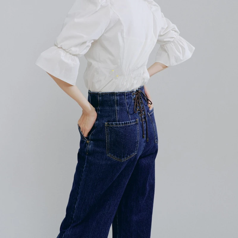 

2021 Spring High Waist Wide Leg Back Cross Strap Denim Pants Office Lady Simple Casual Vaqueros Mujer Trendy All Match Jeans