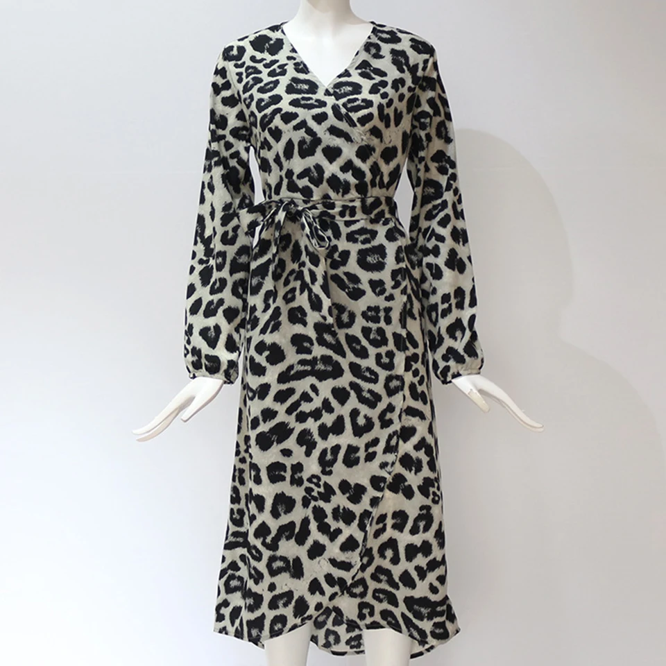 Leopard Print Dress For Women V Neck Long Sleeve Sukienka Cross Front Midi Irregular Hem Sexy Party Night Club 2021 | Женская одежда