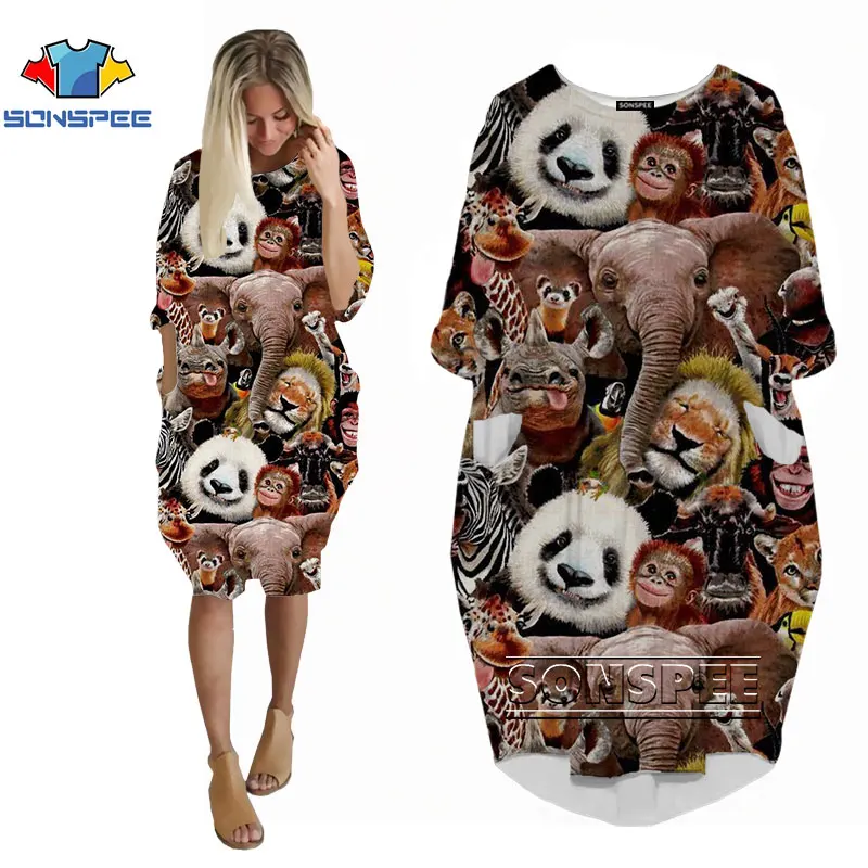

SONSPEE 2021 New 3D Color Print Animal Long Sleeve Dress Wild Jungle Style Harajuku Street Funny Women Plus Size Casual Clothing