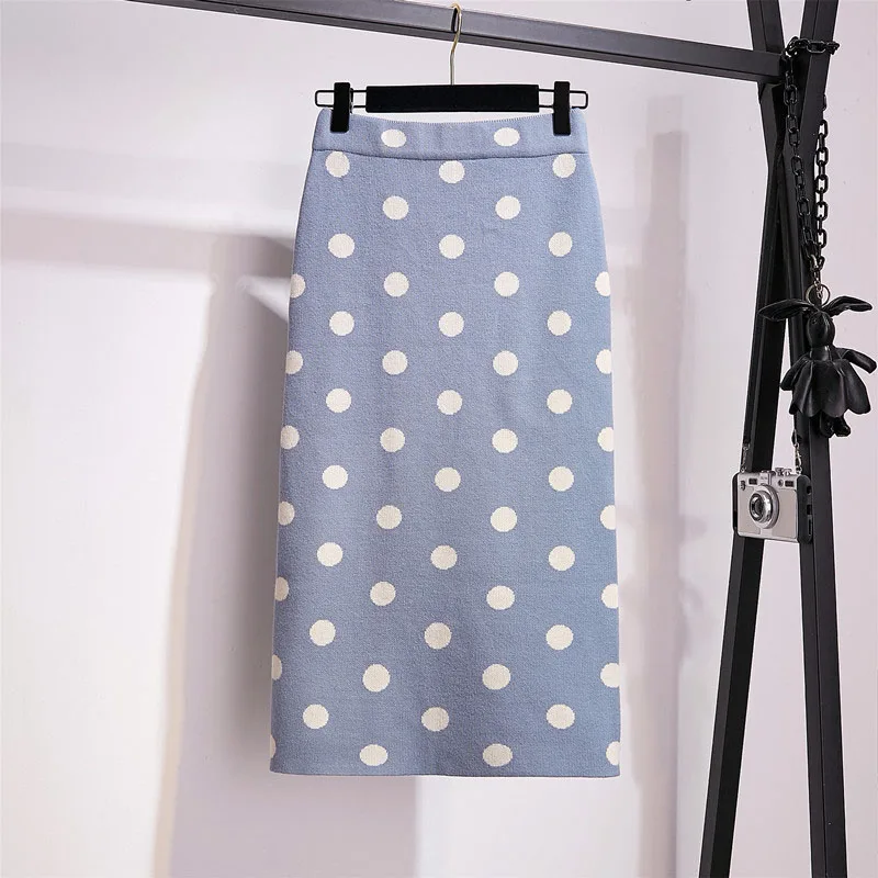 Women's Polka Dot Knit Skirt Autumn Winter Female Korean High Waist Split Step Skirt Thick Knit Long Skirt Hip Skirt New ML279