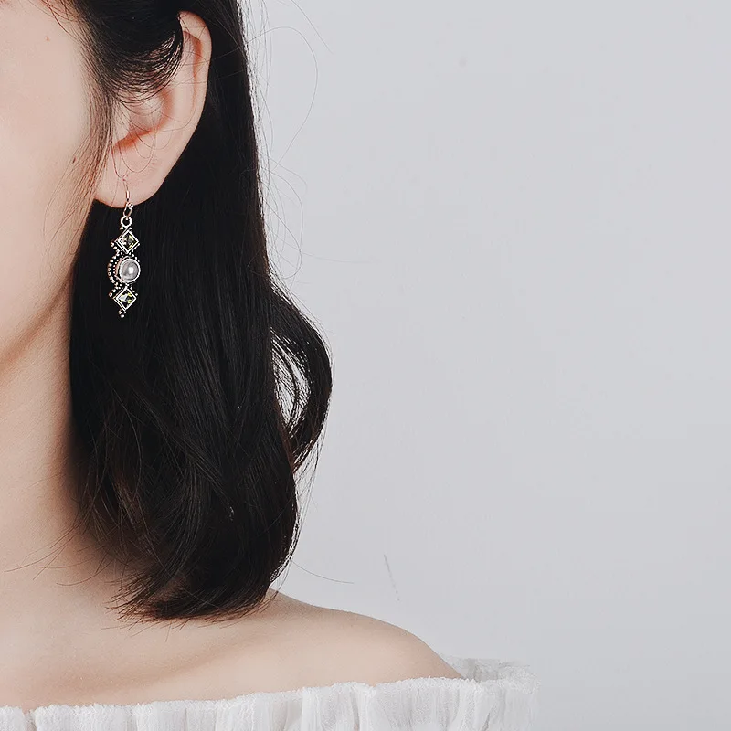 

OMHXZJ Wholesale European Fashion Woman Girl Party Wedding Gift Vintage Pearl Zircon S925 Sterling Silver Drop Earrings EA361