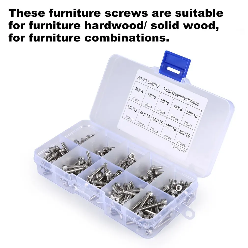 Набор винтов с накаткой M3 * 4/5/6/8/10/12/14/16/18/20 мм, 200 шт./компл., из нержавеющей стали