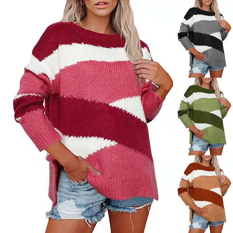 

2021 Autumn And Winter 25-29 Years Ladies Casual Sweater Lrregular Stripe Color Block Head Women's Sweaters