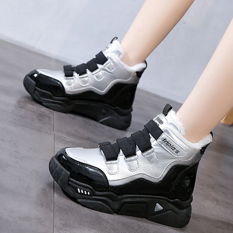 

Rimocy Thick Bottom Waterproof Ankle Boots for Women Winter Warm Plush Platform Motorcycle Boots Woman Silver Chunky Sneakers