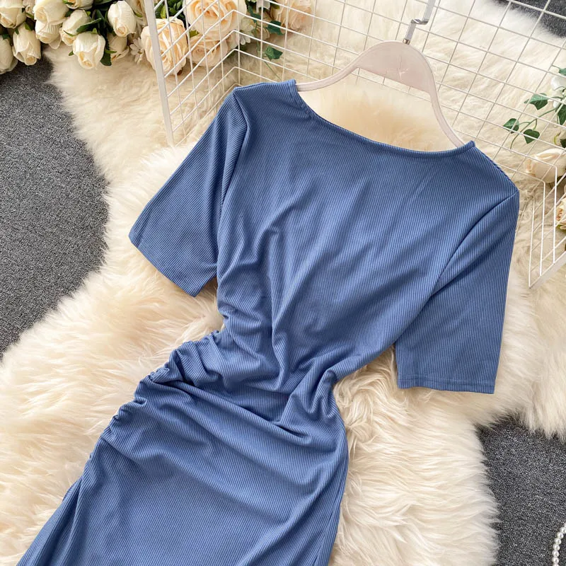 

Party Wear Short Sleeve V Neck Sexy Slit Korean Solid Color Dress Women's Ruched Drawstring Dress Slim sexy vintage black dress