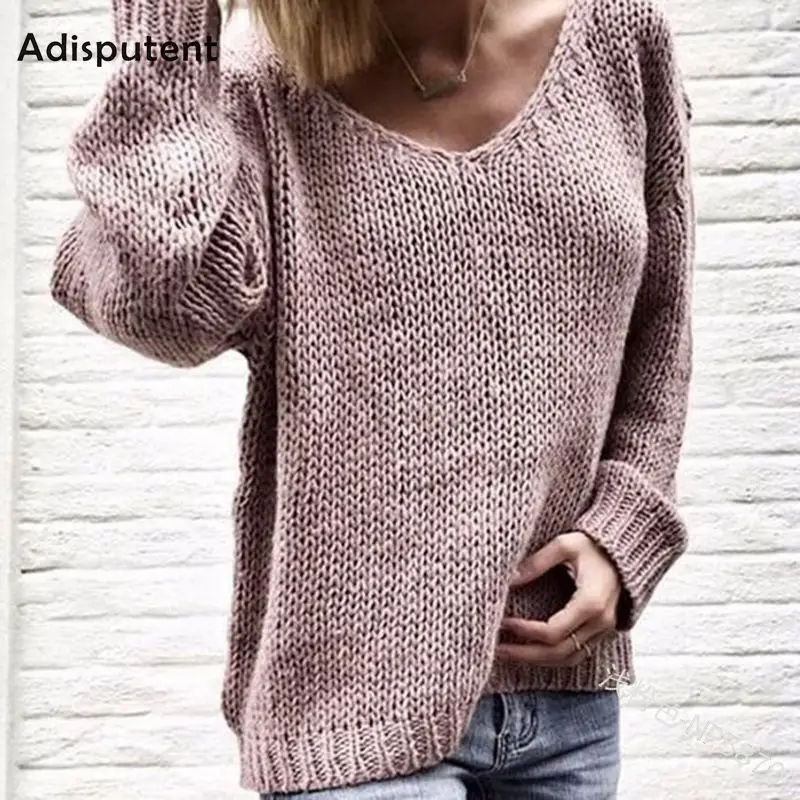 Adisputent 2019 V Neck Solid Women Sweaters Pullovers Loose Knitted Autumn Winter Clothing Casual Plus Size Pull | Женская одежда