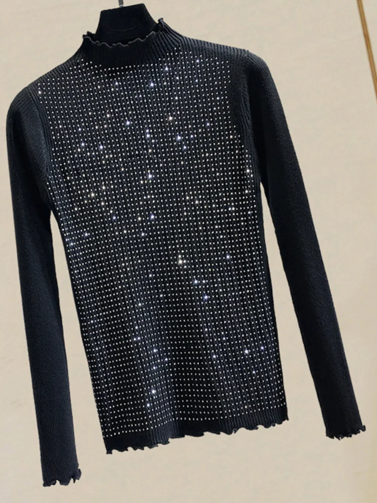 Женский трикотажный свитер с оборками и бисером однотонный эластичный пуловер