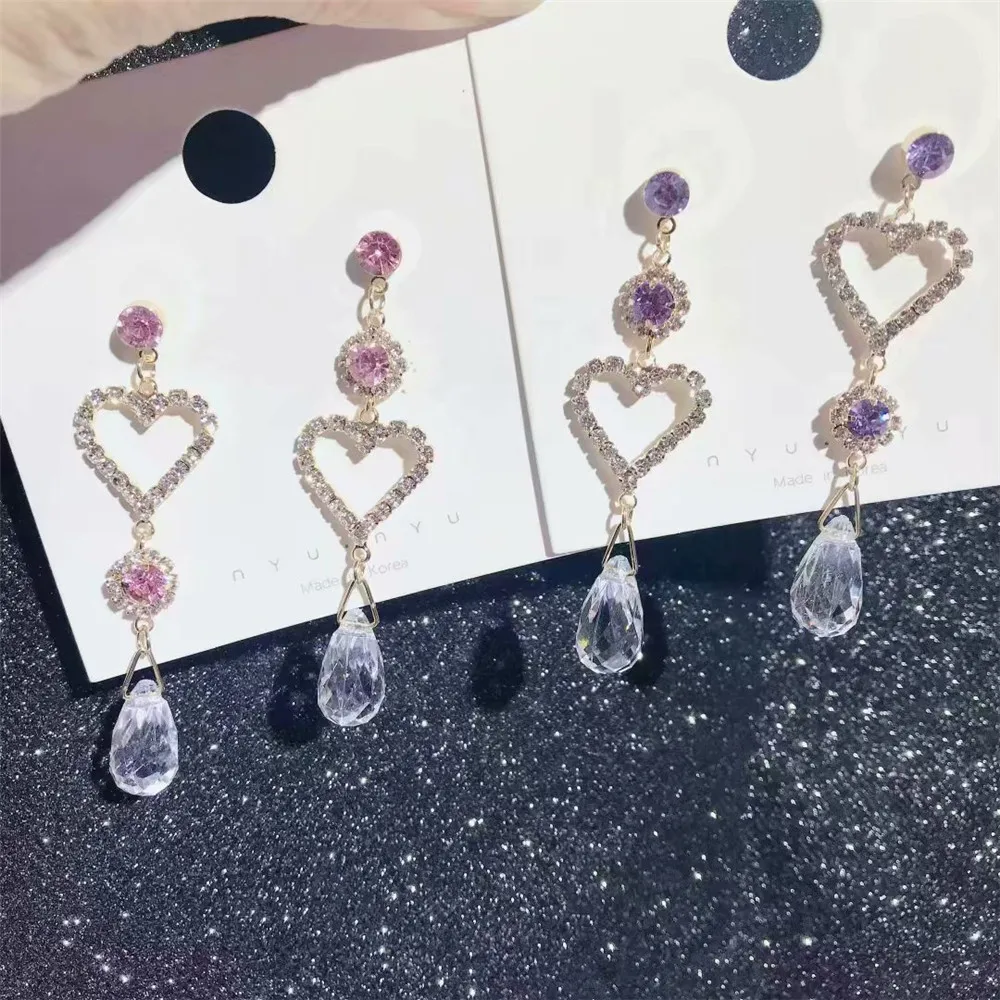 SexeMara 2019 Korean New Fashion Earrings Transparent Crystal Beads Love Heart Asymmetry For Women Rhinestone Brincos | Украшения и