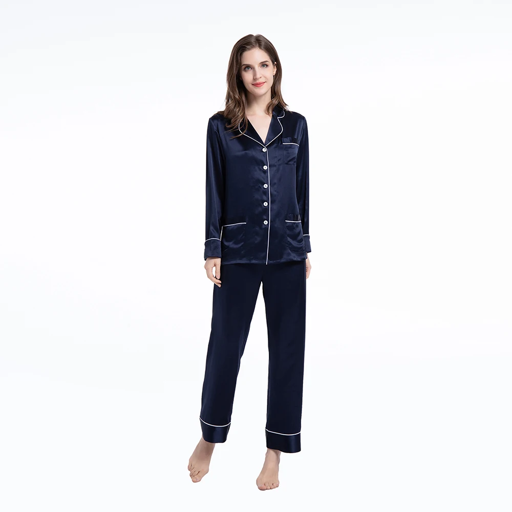 Luxury 100% Pure Silk Pajamas Women Sets Ladies Long sleeved Two piece Pants Suit Home Sleepwear Solid Nightwear