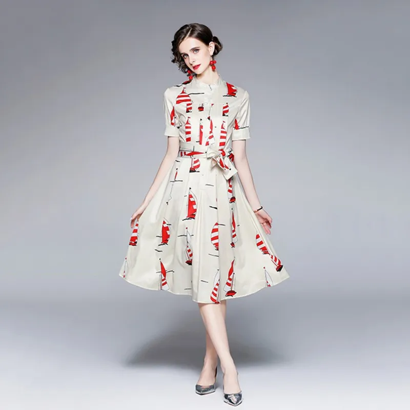 

Женское платье с коротким рукавом, Элегантное летнее платье с принтом парусника, высокой талией и широким подолом, 2021