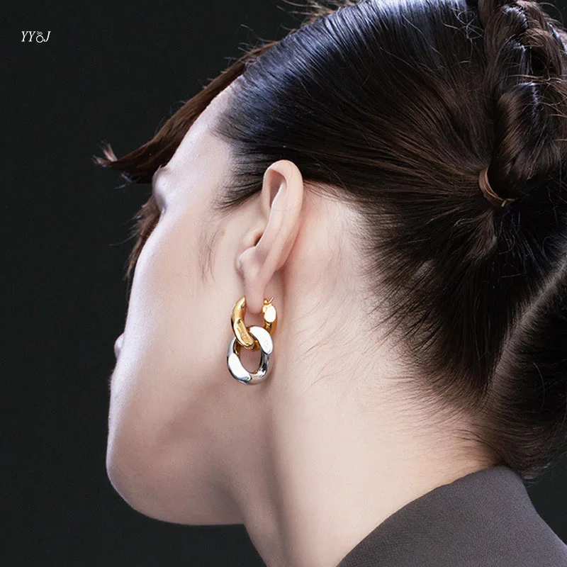 

Gold and silver color chain earrings for women two tones contrast luxury brand designer dupl dangling earrings streetwear