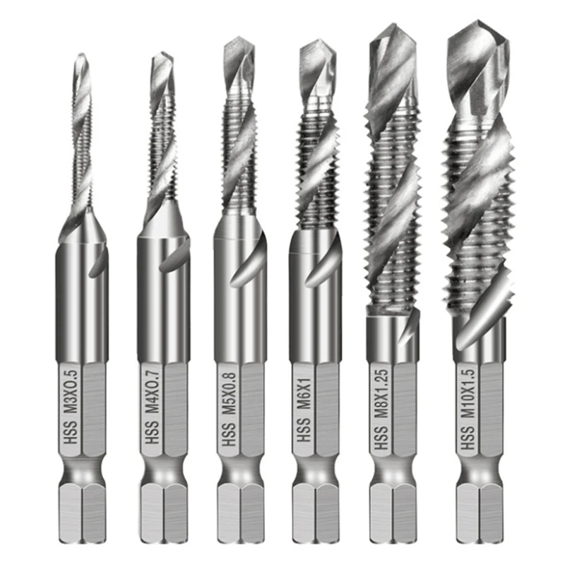 

6Pcs M3-M10 Screw Tap Drill Bits HSS Taps Countersink Deburr Set Metric Combination Bit 1/4Inch Hex Shank Quick Change