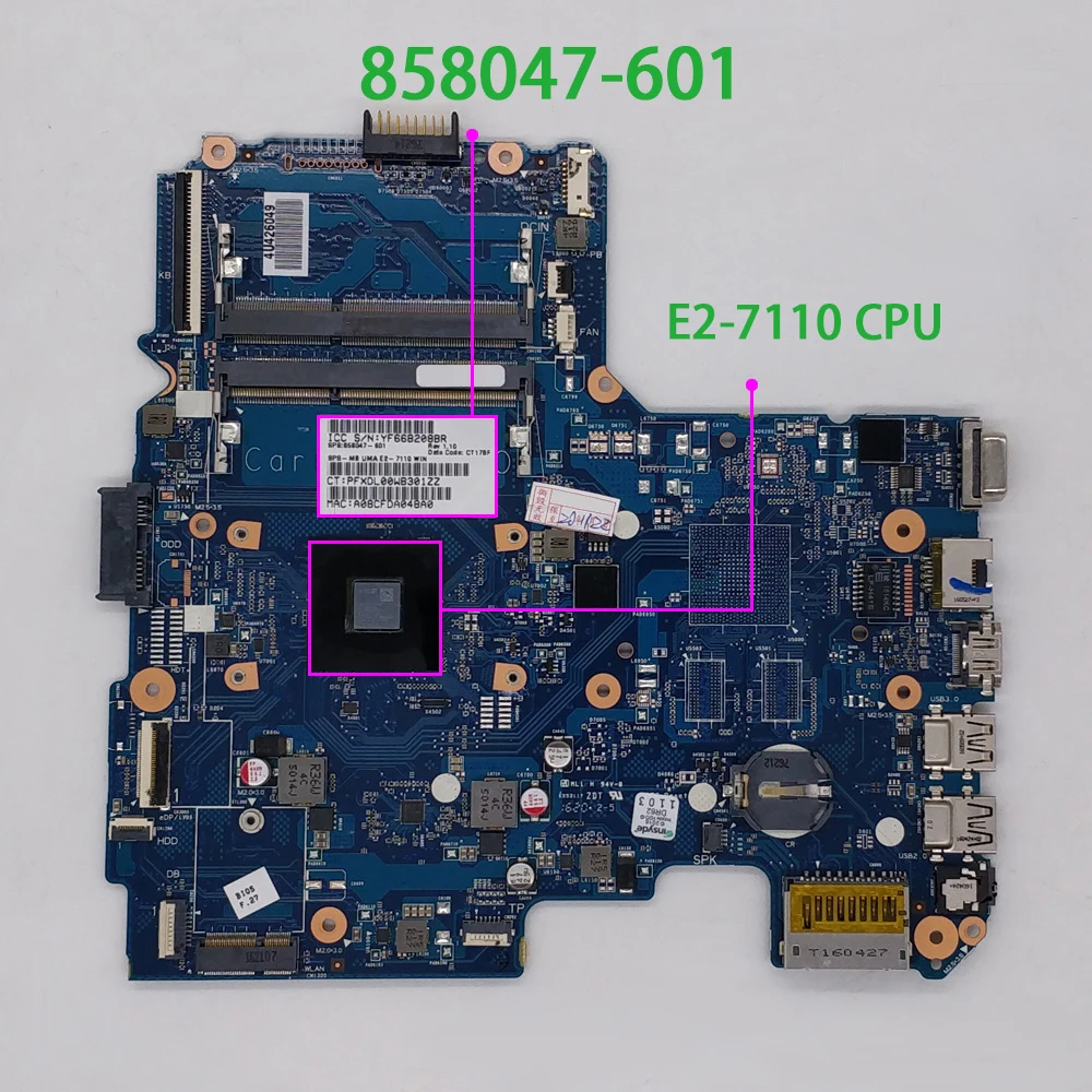 for HP Notebook 14 14-AN Series 858047-601 858047-001 6050A2822801-MB-A01 UMA w E2-7110 CPU Laptop Motherboard Mainboard