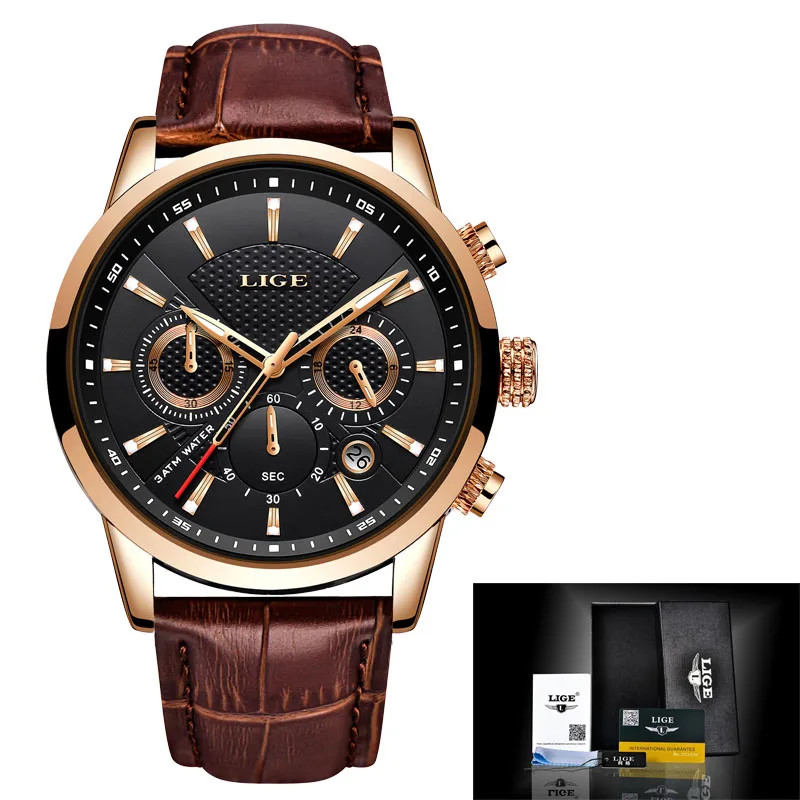 gold black LIGE Mens watches To Luxury Brand Business Quartz Watch Men Military Sports Waterproof Dress Wristwatch Relogio Masculino - Цвет: gold black