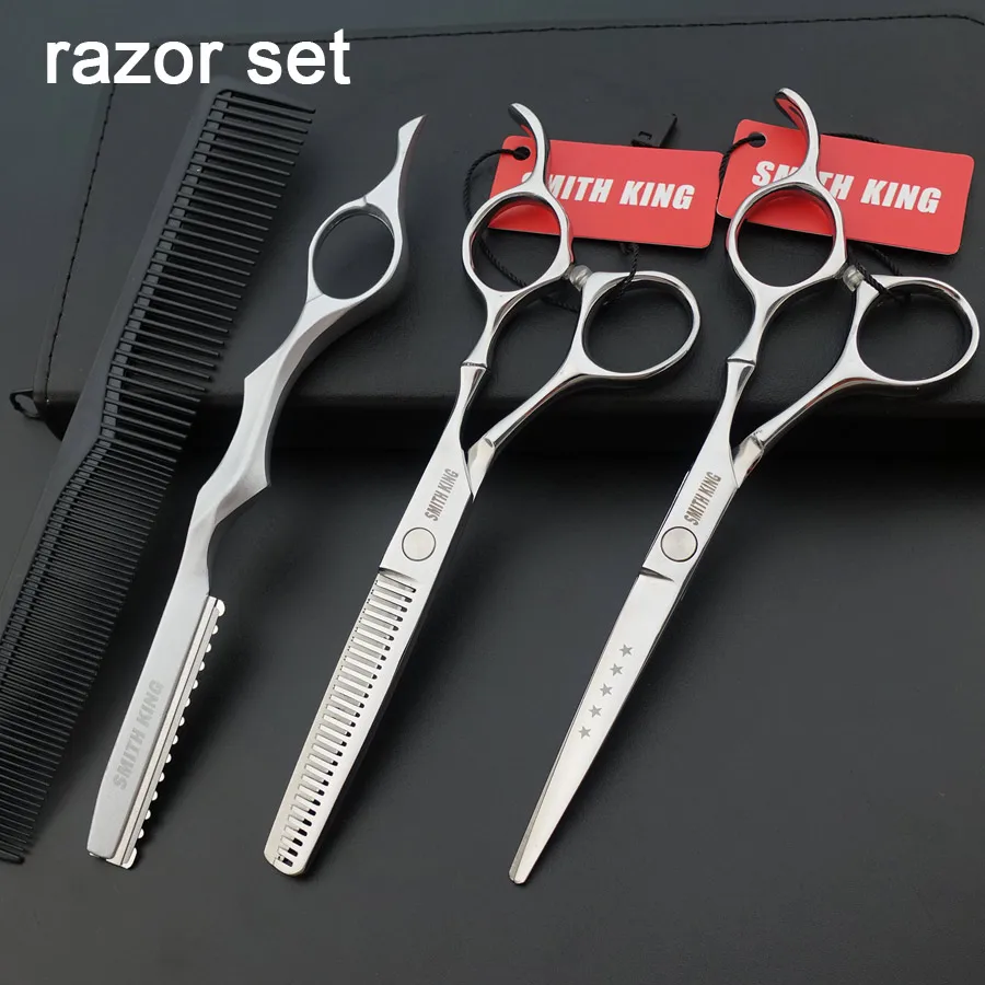 razor set SMITH KING Профессиональные парикмахерские ножницы, 6 дюймов ножницы для стрижки+ филировочные ножницы/ножницы+ бритва/Филировочная расческа+ наборы/Чехол - Цвет: razor set