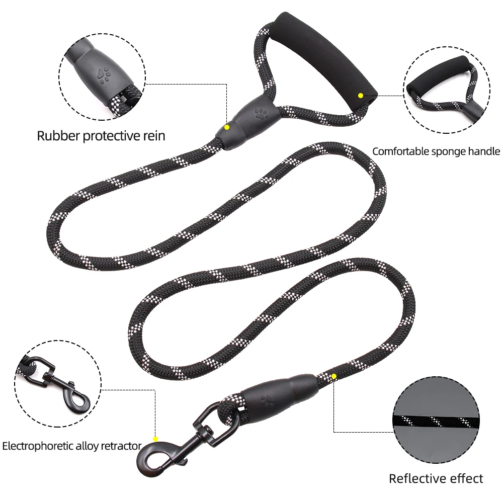 Traction Rope Dog Nylon Round Reflective Large Leash Strengthen Hook Big Harness With Comfortable Handle |