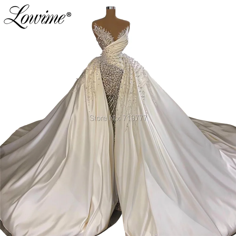 Dubai Muslim Long Wedding Dresses 2020 Luxury Wedding Gowns Customized Pearls Satin Bridal Gown Plus Size Mermaid Beaded Bridal