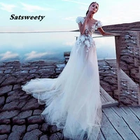 champagne tulle boho wedding dresses 2022 sexy backless princess bridal dress lace appliques 3d flowers beach wedding gowns