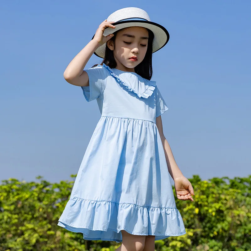 

Платье для девочек, летнее, повседневное, голубое, с коротким рукавом, ТРАПЕЦИЕВИДНОЕ, для детей 6, 8, 10, 12, 14 лет, 2021