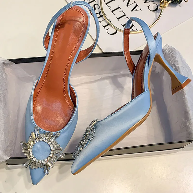 

Big Size 41 42 Blue Women Pumps Silk Satin Pointy Toe Rhinestone Crystal High Heels Shoes Slip On Women Wedding Pumps Sandal