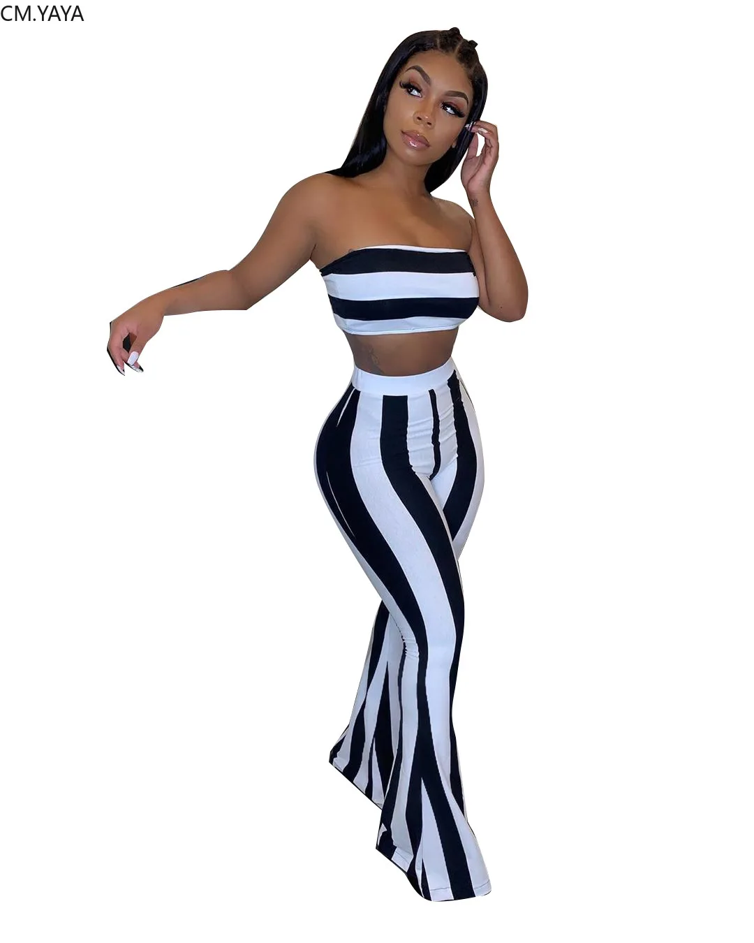 Осенний Женский костюм с принтом в полоску укороченный Топ без бретелек брюки