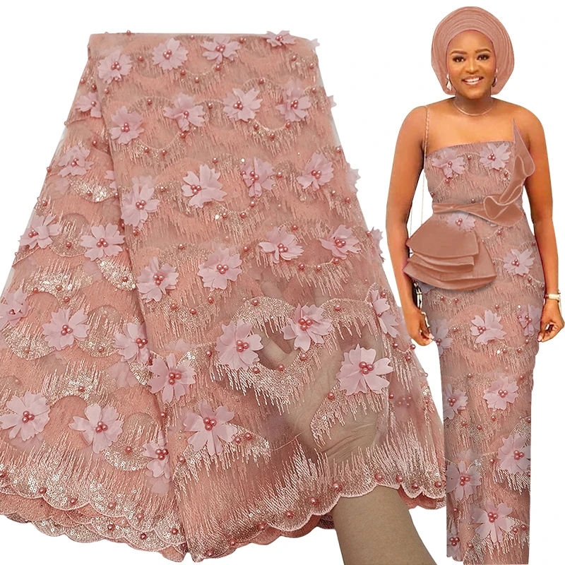 

Bestway эксклюзивная африканская кружевная ткань с 3D цветами, 5 ярдов, роскошный французский Тюль с бисером, нигерийское свадебное платье, мате...