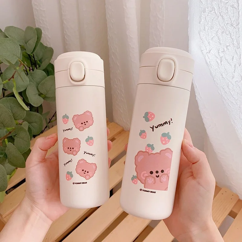 

Cartoon Stainless Steel Water Bottle Kawai Bear Lovely Portable Girl Hot Water Bottle High Capacity Children's Drinking Cup