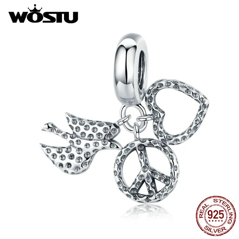 WOSTU анти-война и мир голубь сердце шарм 925 пробы серебро подходит оригинальный