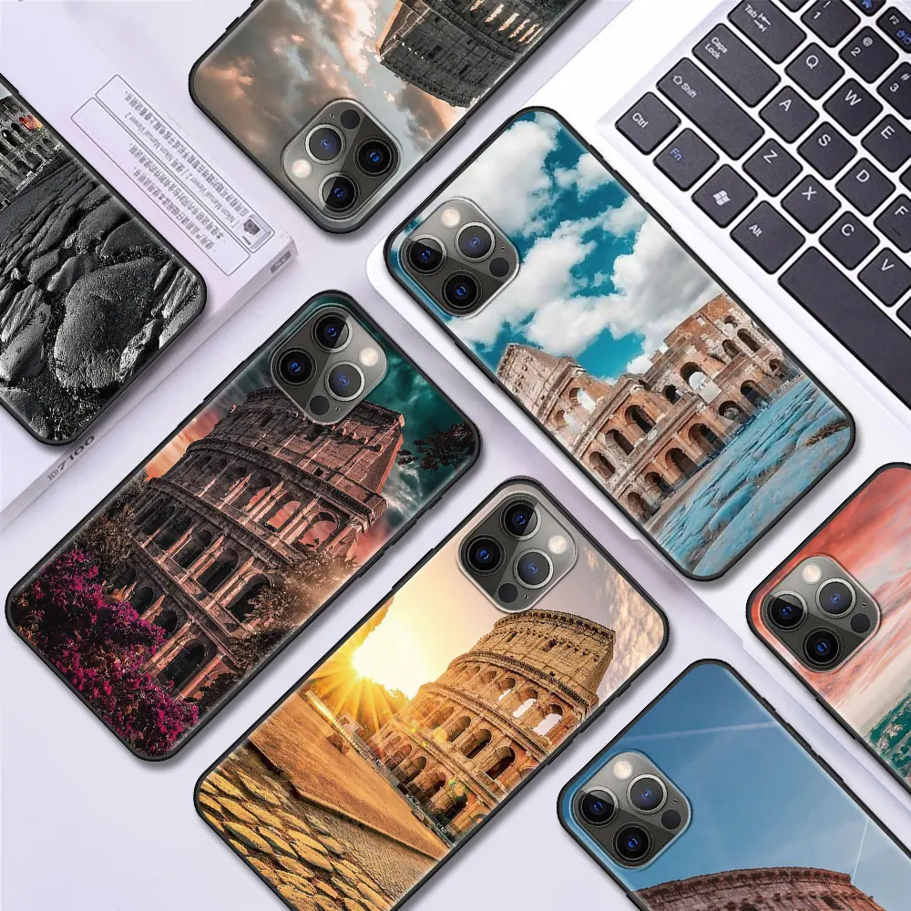 

Black Phone Case for Apple iPhone 11 12 Pro XR X 7 8 + XS MAX 6 6S Plus 5 5S SE 2020 Colosseum Rome Italy Pattern TPU Soft Cover
