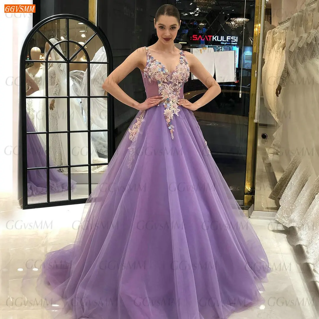 

Lilac Purple Prom Dresses Long 2022 Vestido De Fiesta De Boda V Neck Appliqued Zipper Robe De Bal Femme Longue Women Party Dress