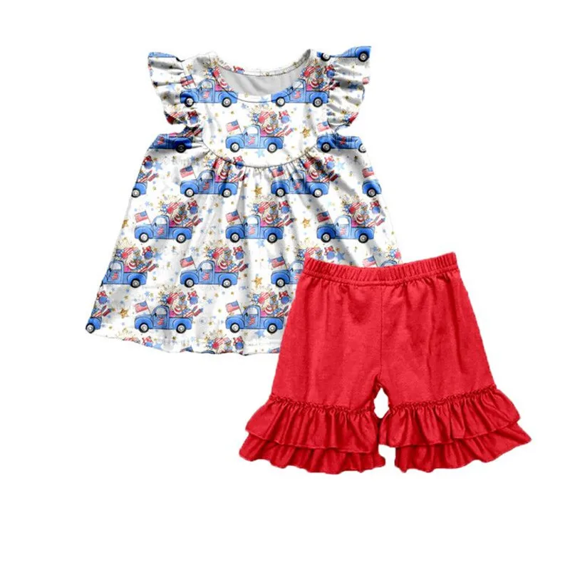 

2020 New Summer Child Clothes July 4th Kid Suit Set Cotton Short-Sleeve Round Neck Print Girl Suit Independence Day Party Suits