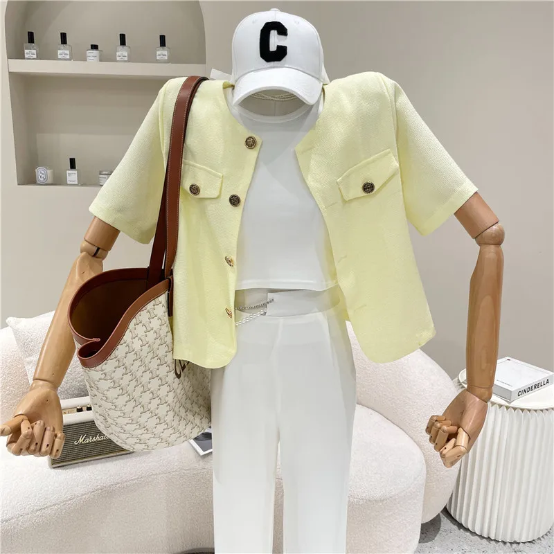 

Women's Clothing Summer 2021 Niche Design Fashion New Loose Short Top Round Neck Short Sleeve Single Breasted Casual Coat