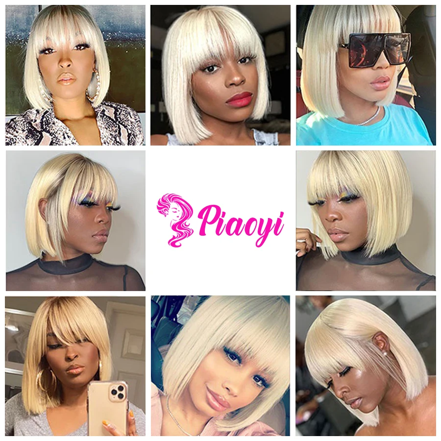

613 Honey Blonde Bob Wig With Bangs Short Highlight Bob Wigs Straight Brazilian Human Hair Non Lace Front Wig For Black Women