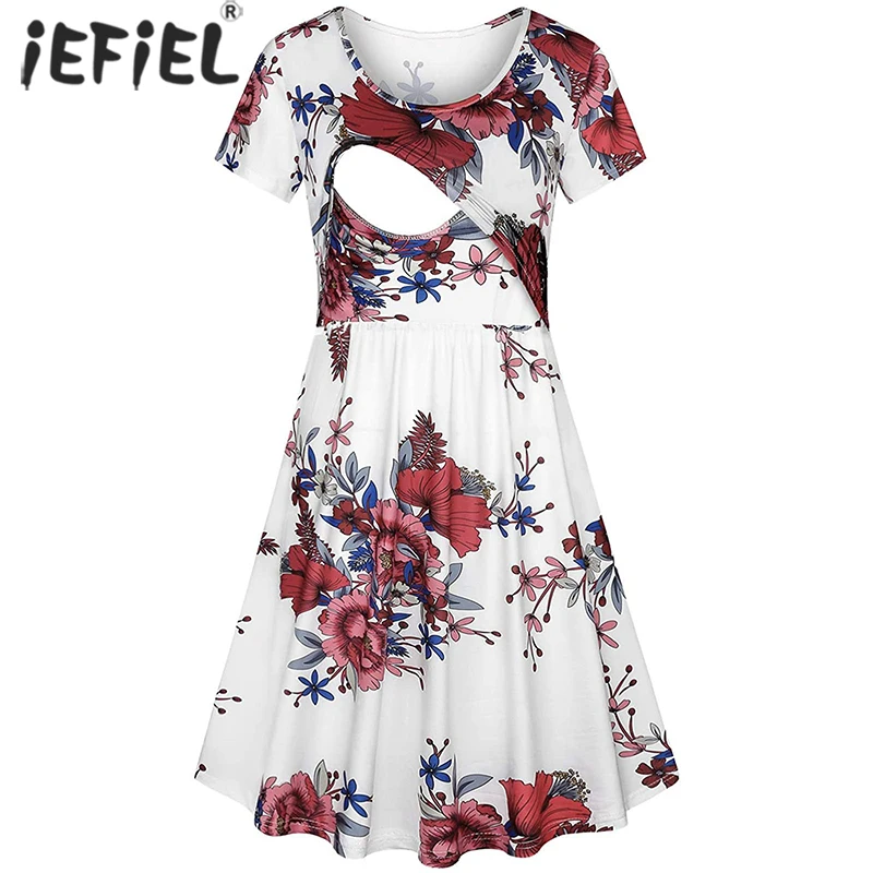 

Maternity A-line Dress Short Sleeve Floral Tunic Breastfeeding Dresses Pregnancy Summer Nursing Pleated Dress For Pregnant Women