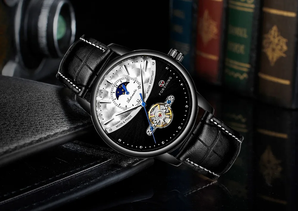 Классические Механические часы Forsining Blue Moon Phase, автоматические турбийон, мужские часы из натуральной кожи, мужские часы, Прямая поставка
