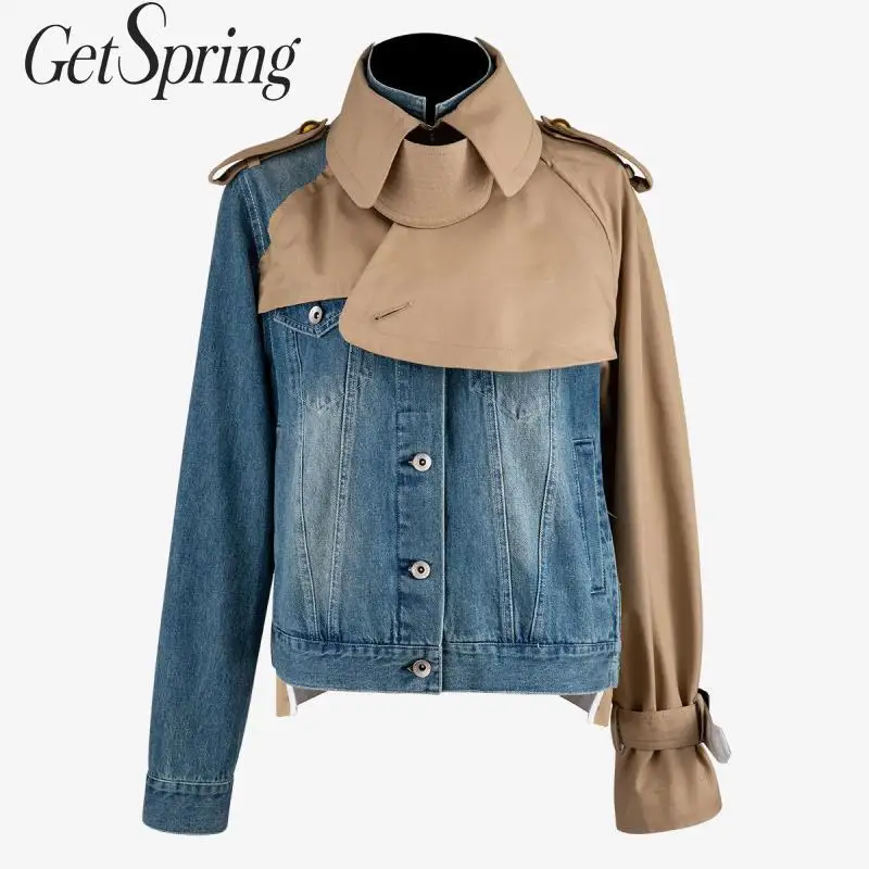 GetSpring женские джинсовые куртки с длинным рукавом Лоскутные пальто однобортные