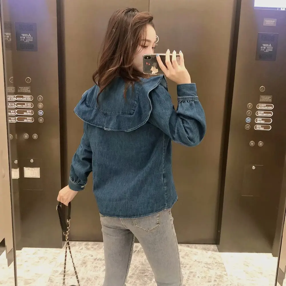

Vintage Loose O Neck Denim Blouses Women Fashion Ruffles Shirts Women Elegant Long Sleeve Jean Shirt Tops Female Ladies Blusas