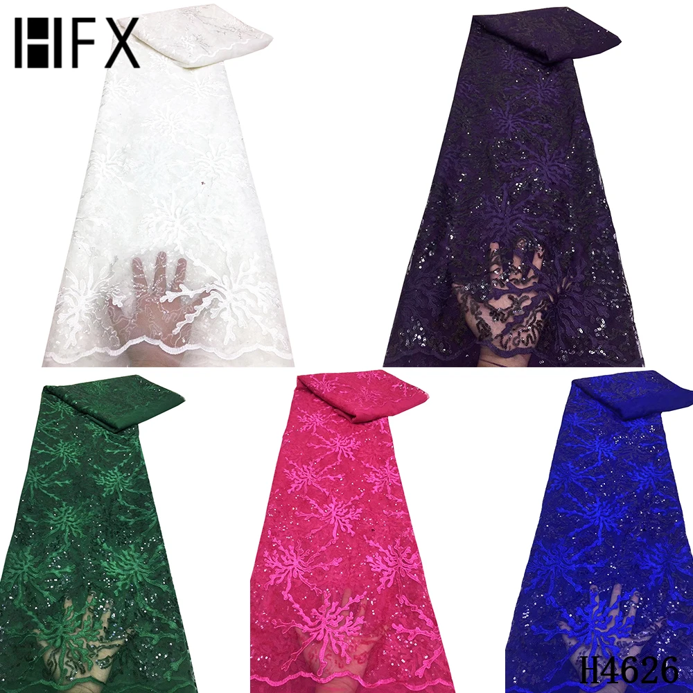 

HFX High Quality African Net Lace French Sequin Fabric Latest 2021 Embroidery Nigerian Tulle Lace Fabrics For Party Dress F4626