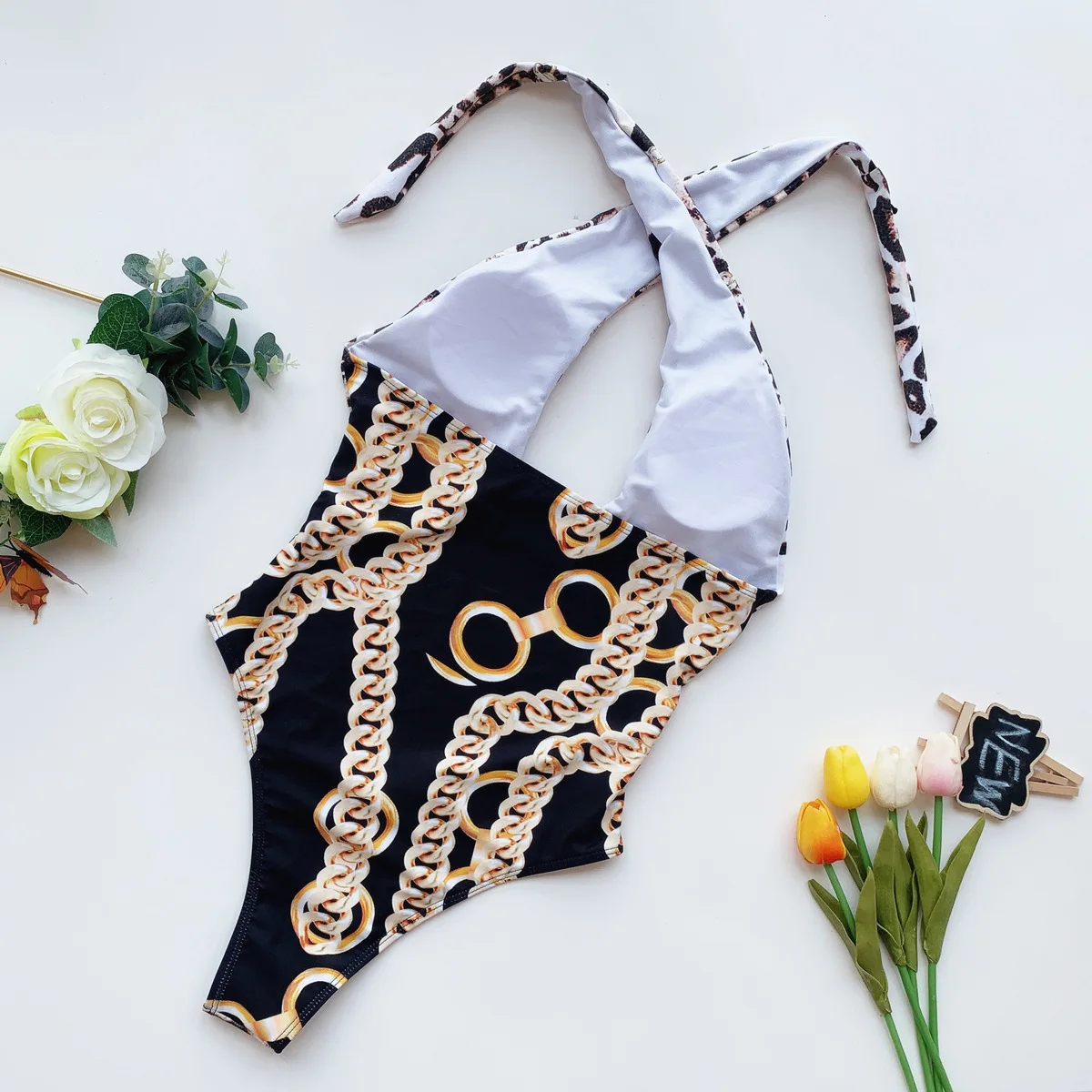 

Double Body Swimsuit Retro Women Print Halter Bikini Sexy Drawstring One Piece Suits Breathable Bodysuit Beachwear Monokini Suit