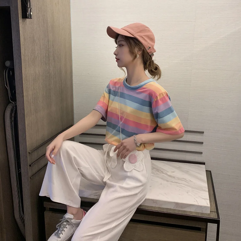 

Женская летняя футболка в радужную полоску, новинка 2020, свободная суперпопулярная Милая рубашка в Корейском стиле с короткими рукавами CEC