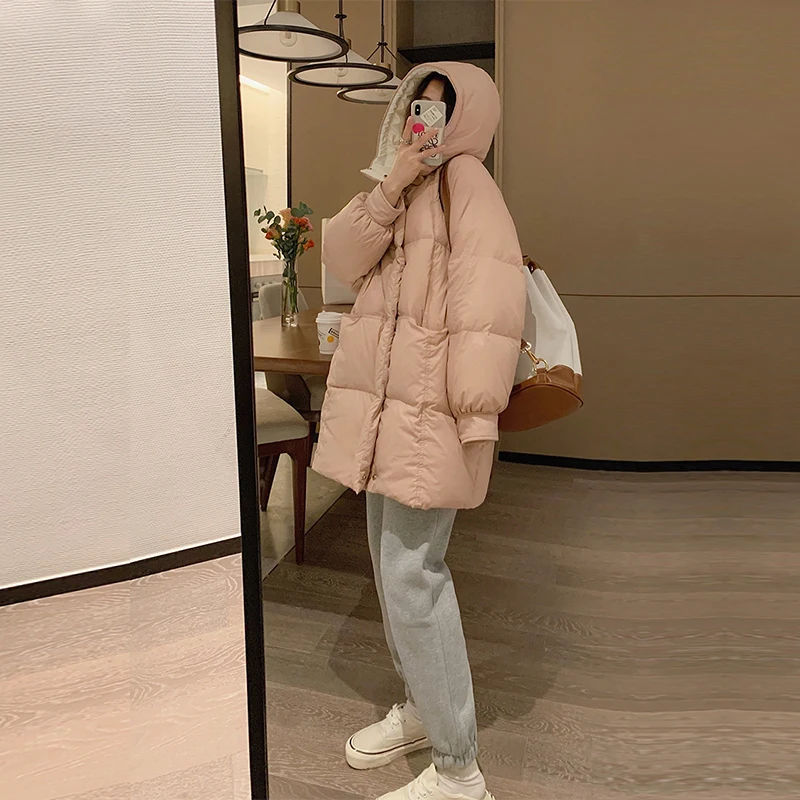 

Winter Coat Women Hooded Mid-length 2021 Korean Coats Women Loose Thin Shorty Student Down Puffer Jacket Cotton Clothes