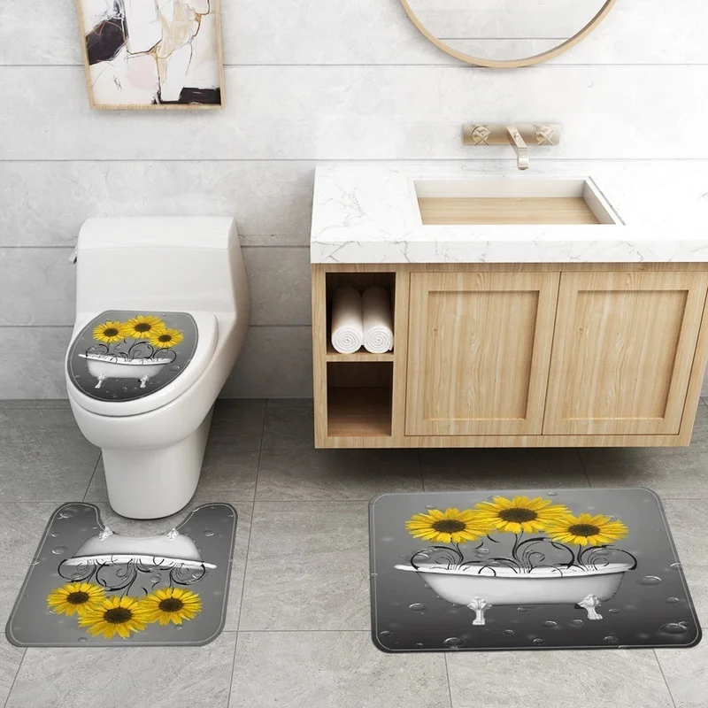 

Home Decor Waterproof Shower Curtain Set with 12 Hooks Toilet Covers Bath Mat Bathroom Non-slip Rug Polyester Fabric Washable