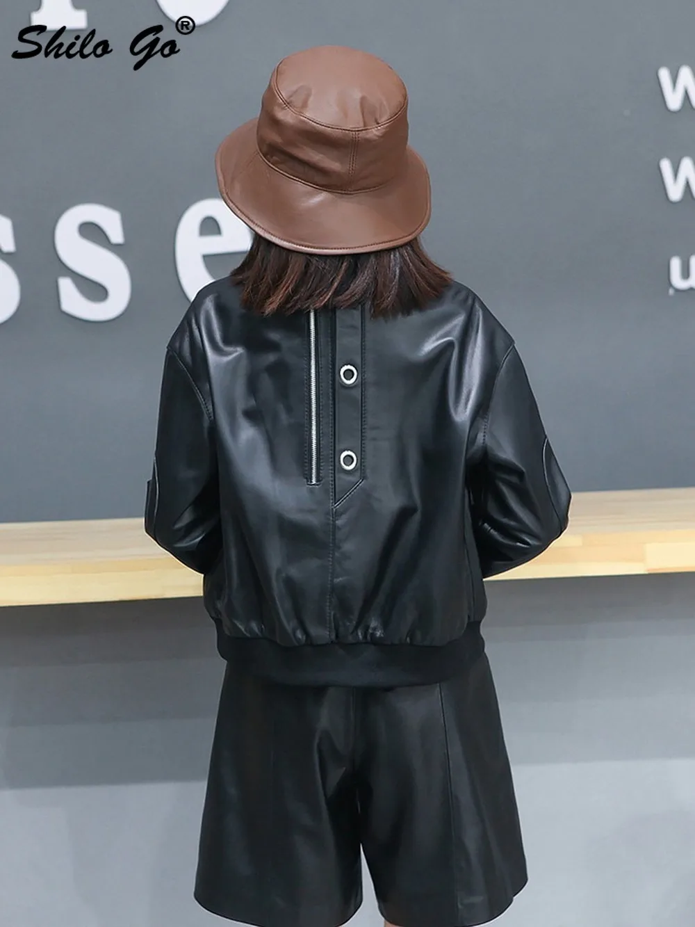 

Streetwear Drop Shoulder Black Baseball Jacket Women Winter Casual Genuine Leather Zip Coat Plus Size Solid Sheepskin Outwear