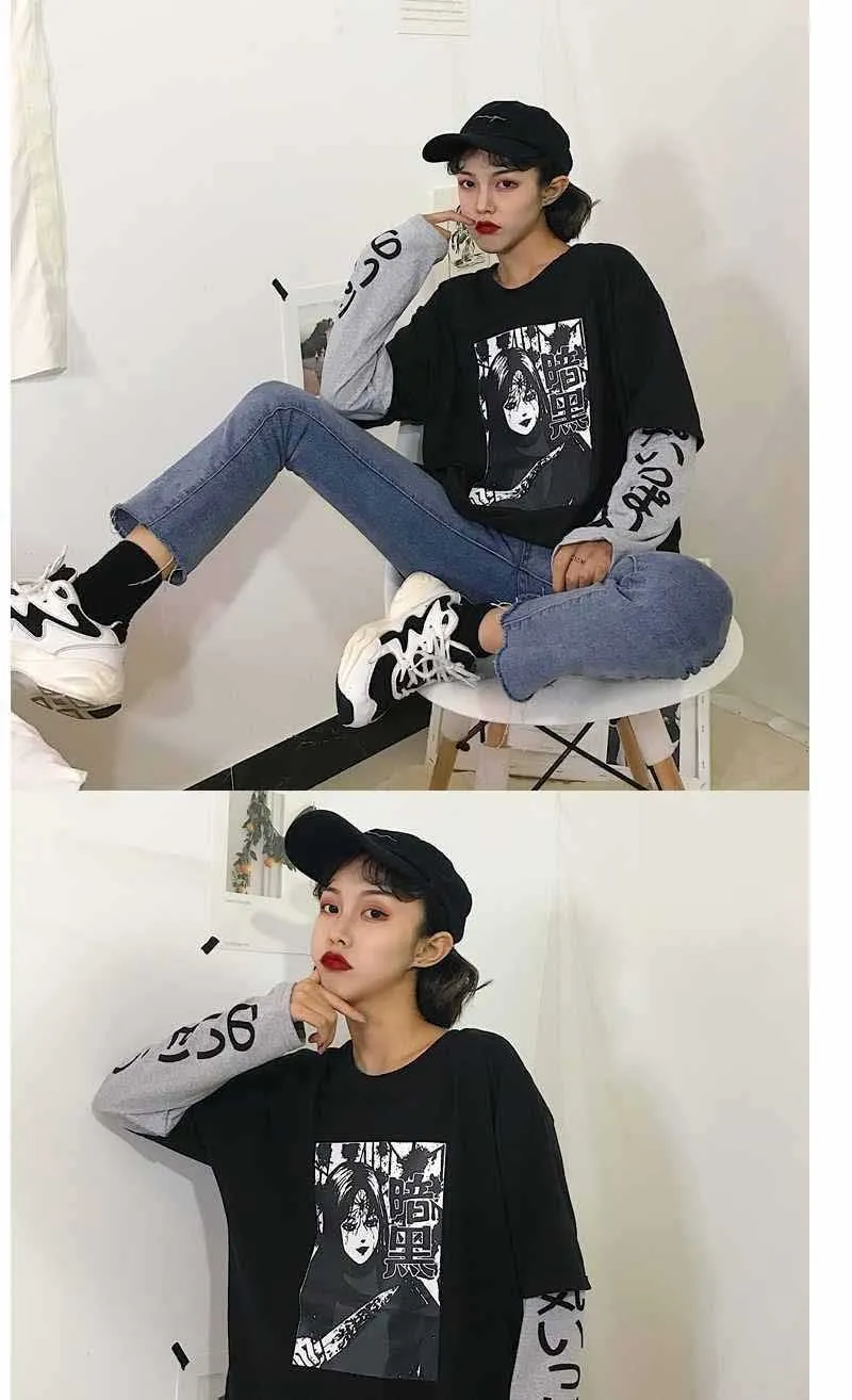 NiceMix Harajuku футболка женская поддельная 2 шт. принт японский Fujiang Ужасы комиксы длинный рукав рубашка Женская Vetement Femme