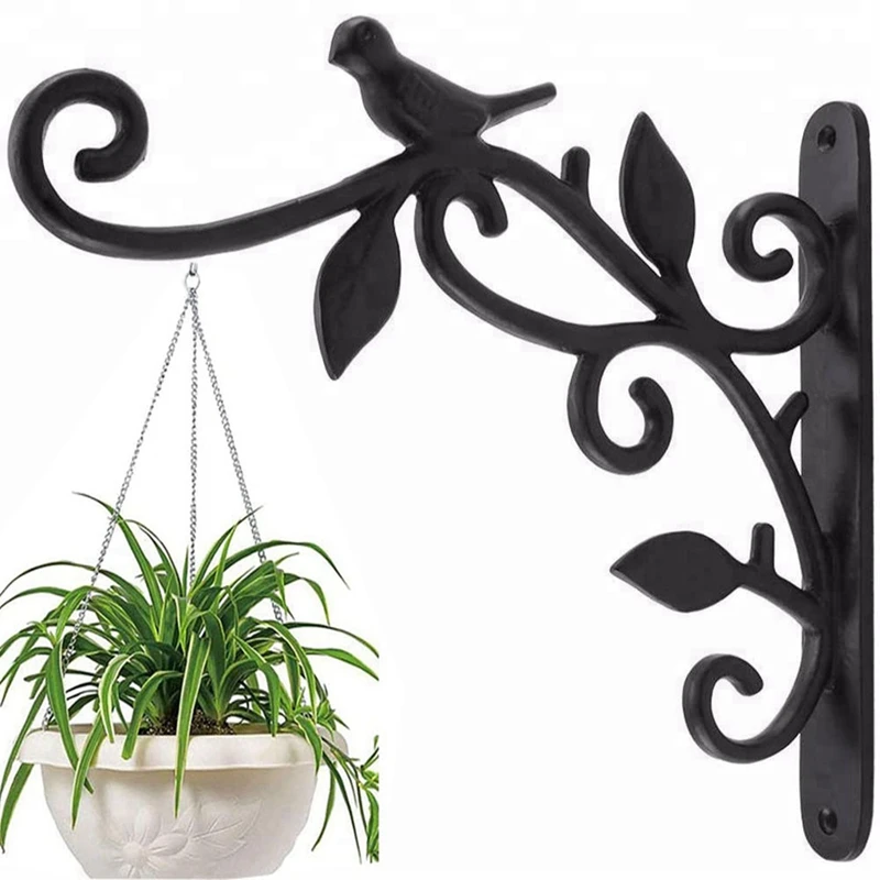 

1 Pcs Hanging Plant Hook Cast Iron Flower Basket Hooks Bracket & 1 Pcs 14 Inch Wooden Potted Plant Stand with Wheels