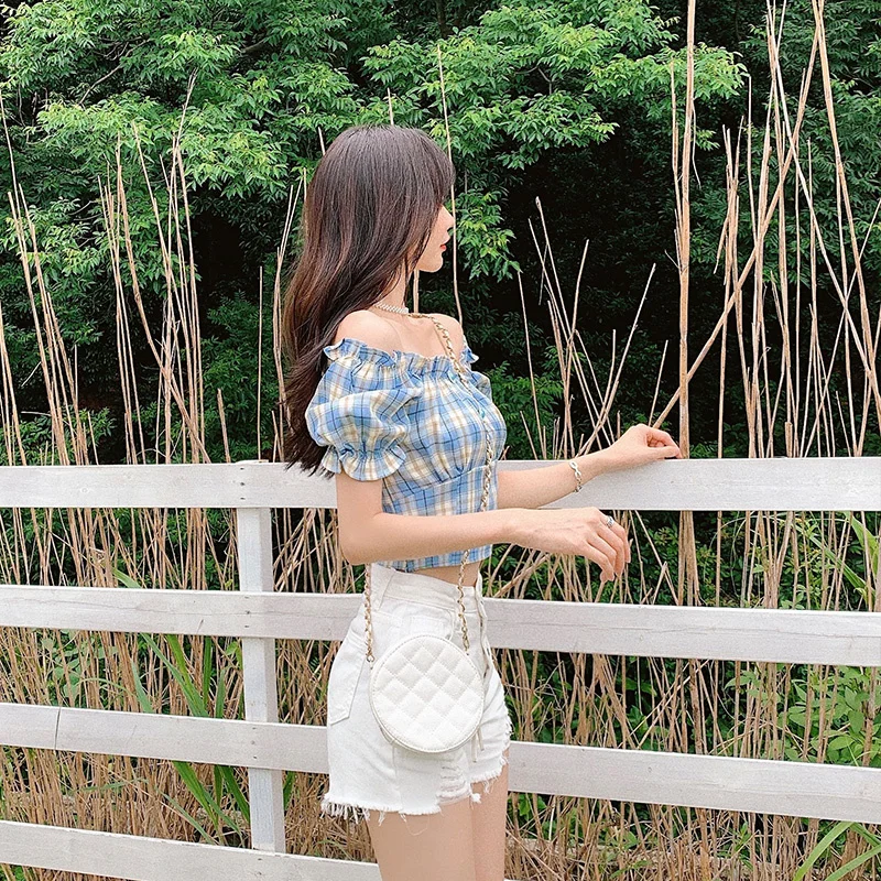 

off-Shoulder Plaid Printed Shirt Women's Summer Short Sleeve Design Sense Niche Short Waist French Style Retro Puff Sleeve Top