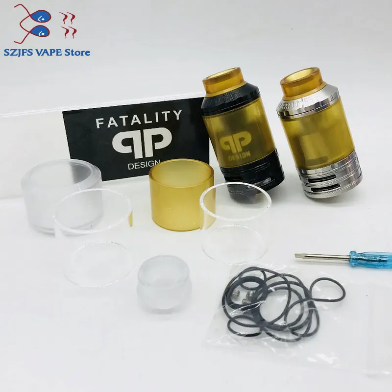 

QP Designs Fatality RTA 28mm Replaceable Tank Atomizers Top Airflow To Coil Design Postless Deck Pull Up Top Fill Vape tank Nano