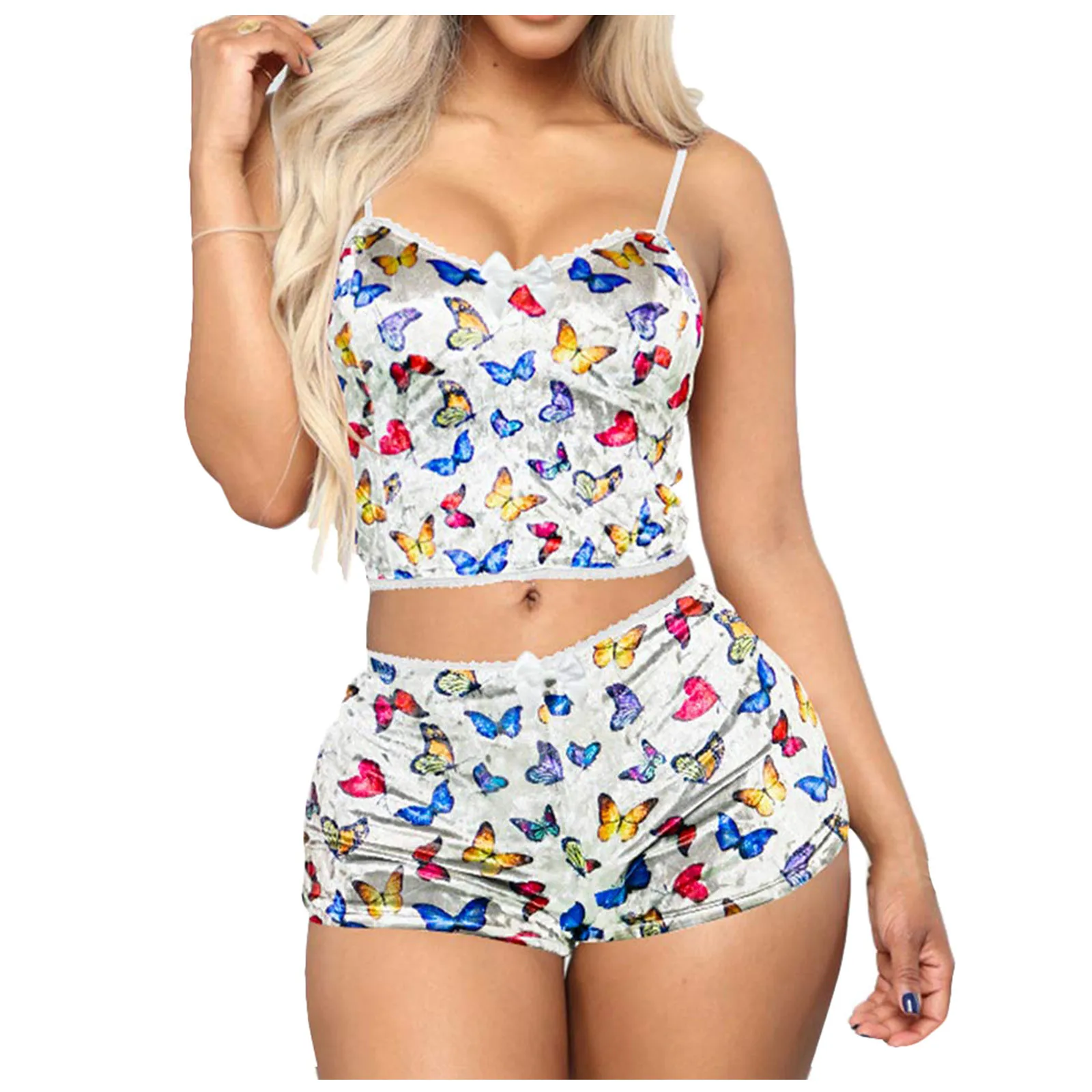 

Women's Velvet 2 Piece Pajama Set Sexy Spaghetti Strap Camisole Sleeping Clothes Women Butterfly Bodysuit Lingerie Red Nightwear