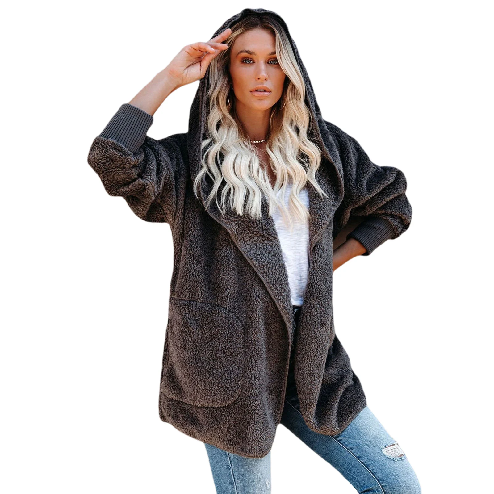 

Women Long Sleeve Hooded Cardigan Coat Fashion Pocket Solid Color Coat for Ladies