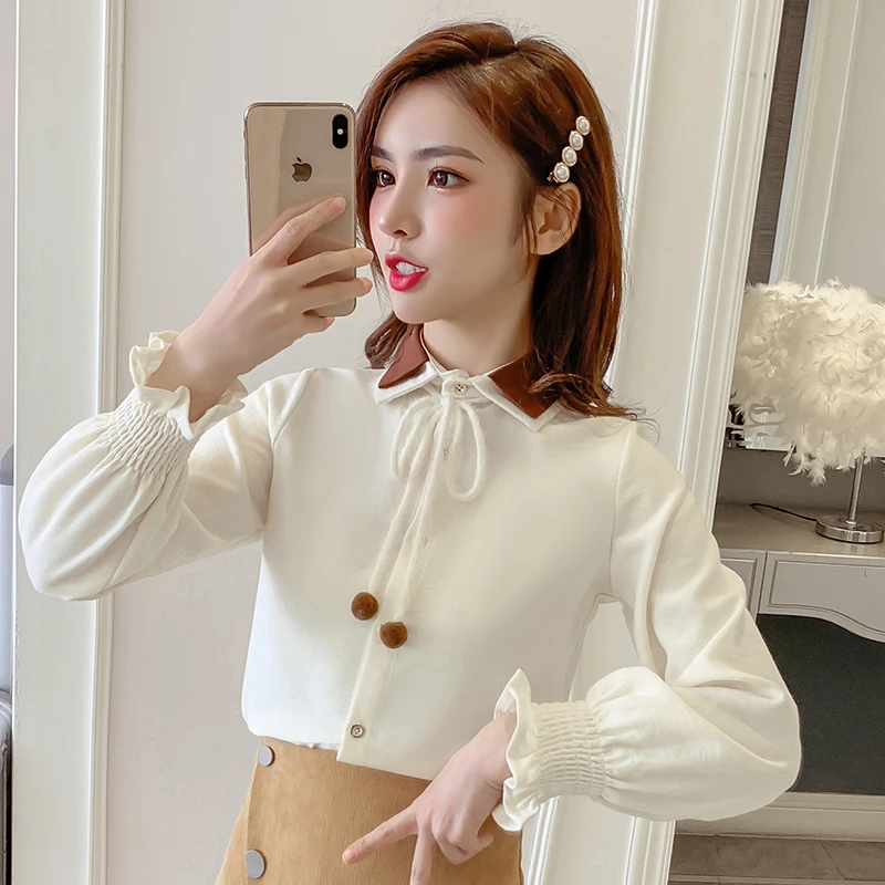 

Corduroy Loose Women's Shirts New Fashion Blouses Casual Long Sleeve Blusas Solid Color Bow Tie Shirts Autumn Houthion